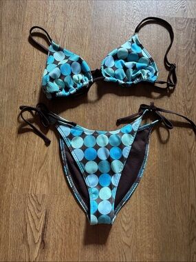 Hollister Blue and Brown Polka Dot Tie-Side Bikini